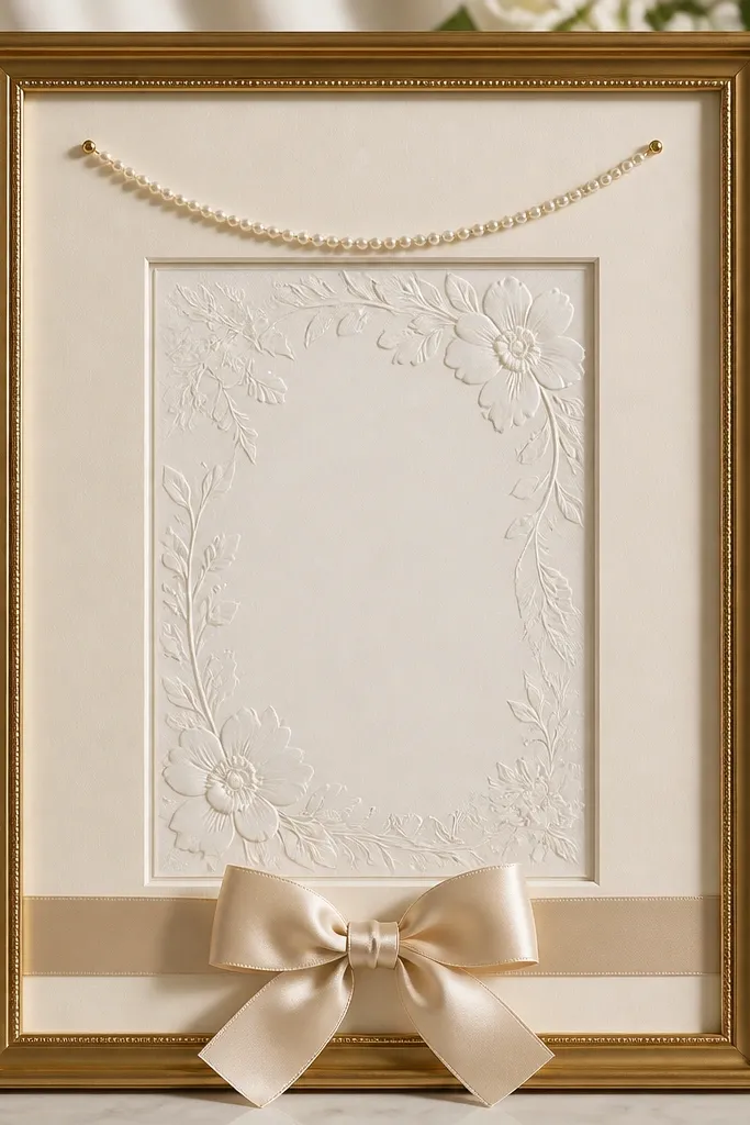A champagne-gold frame with a cream mat. A satin ribbon bow sits at the bottom center, and a tiny pearl chain drapes in a gentle arc above the wedding card.