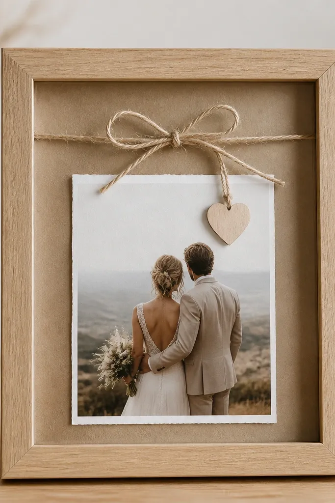 A natural wood frame with kraft paper backing. A twine bow is tied at the top, and a small wooden heart hangs near the card edge. The wedding card is centered under glass.