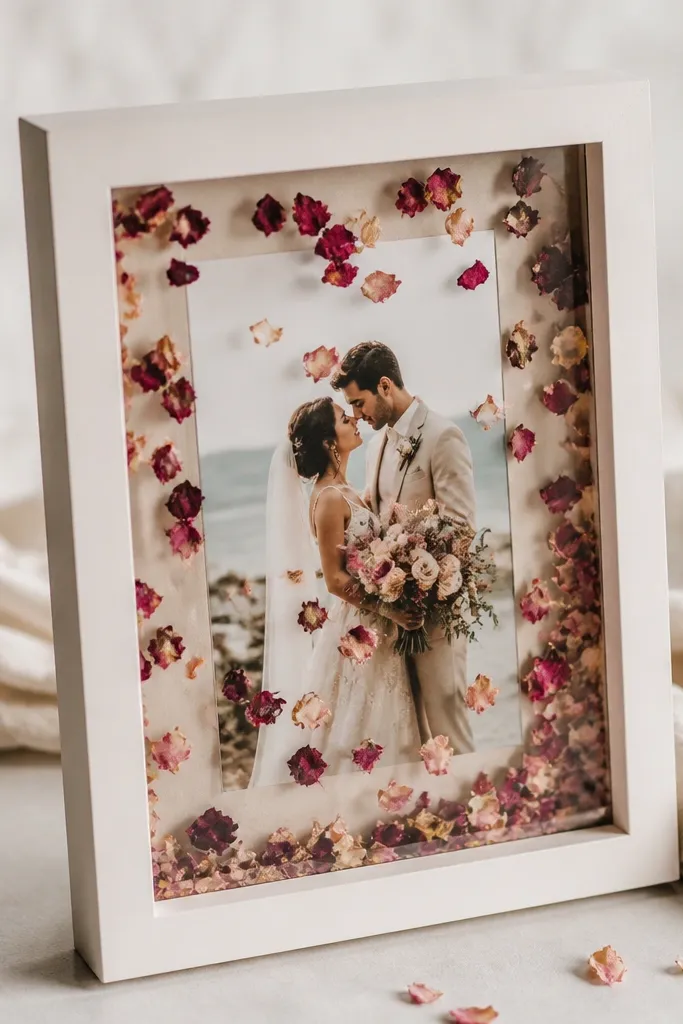 A shaker-style frame with clear acrylic windows. Dried rose petals swirl inside the shaker cavity, while the wedding card sits behind a second layer in the center.