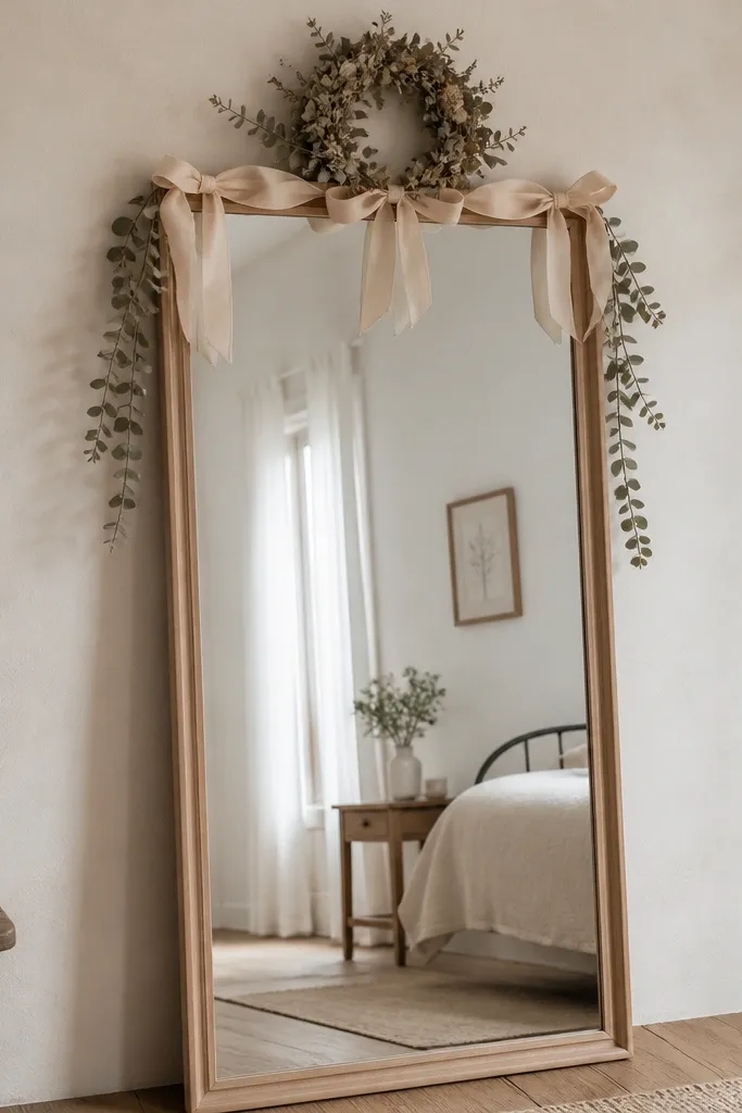 A tall standing mirror with a light wood frame. Cream linen ribbon is tied in neat loops around the top rail. A small dried eucalyptus crown sits centered above the mirror, with a few sprigs trailing down the sides.