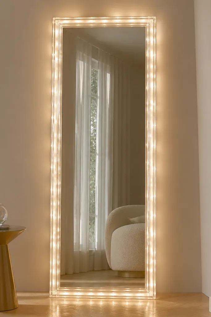 A standing mirror with a clear acrylic frame. Warm white LED fairy lights are tucked behind the edges, creating a soft glow around the mirror outline. No florals, just light.