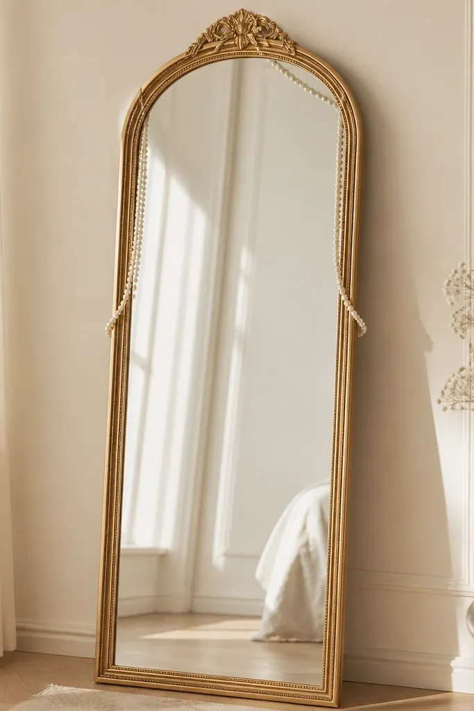 A champagne gold standing mirror. A strand of small faux pearls drapes from the top center down both sides in gentle curves. The pearls stop before the middle of the mirror height.