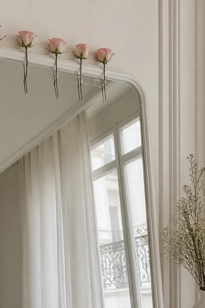 A white-framed standing mirror with small rose stems attached to the top edge using clear tape and floral wire. The roses are spaced evenly and stop before the center.