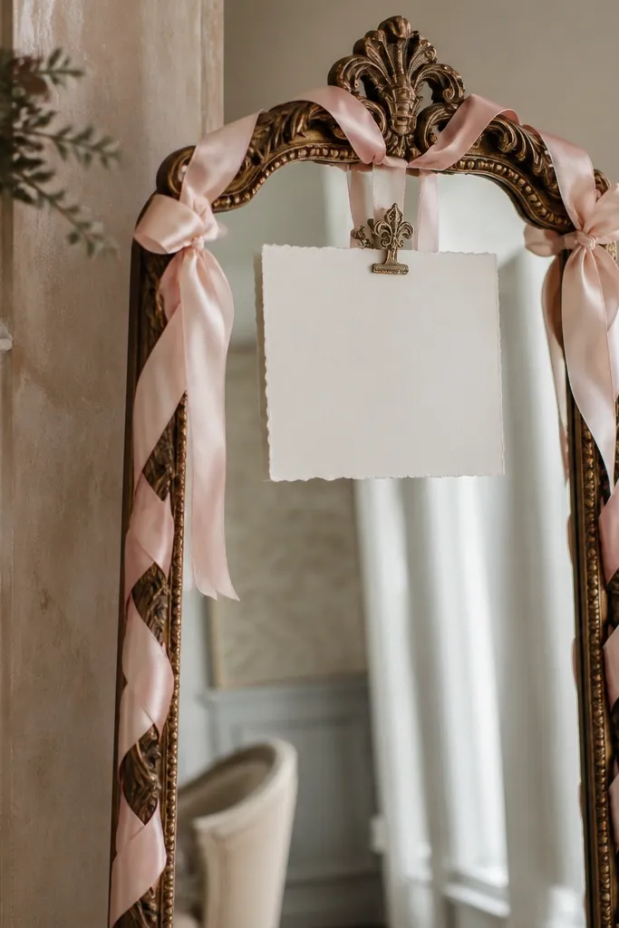 An ornate thrifted standing mirror with a carved frame. The frame is wrapped with blush satin ribbon around the edges. A calligraphy welcome card is clipped in the center above the reflective area.