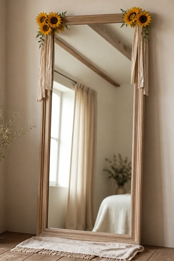 A tall standing mirror with a light wood frame. A small cluster of sunflower heads sits on the top corners with a few linen strips tied beneath them. The base has a folded linen runner in warm cream.