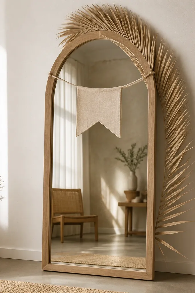 A standing mirror with a neutral wood frame. A single dried palm frond arches from the top center down the right side. A neutral ribbon banner with small welcome text hangs across the upper third.
