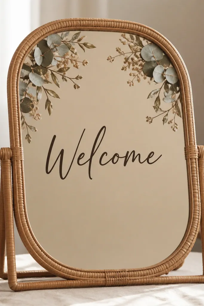 A rattan-framed mirror on a stand. The glass has a warm beige background insert behind the text area, with black-brown hand-lettered script reading "Welcome." Two dried eucalyptus clusters sit in the top left and top right corners, with a few tiny olive leaves spilling inward.