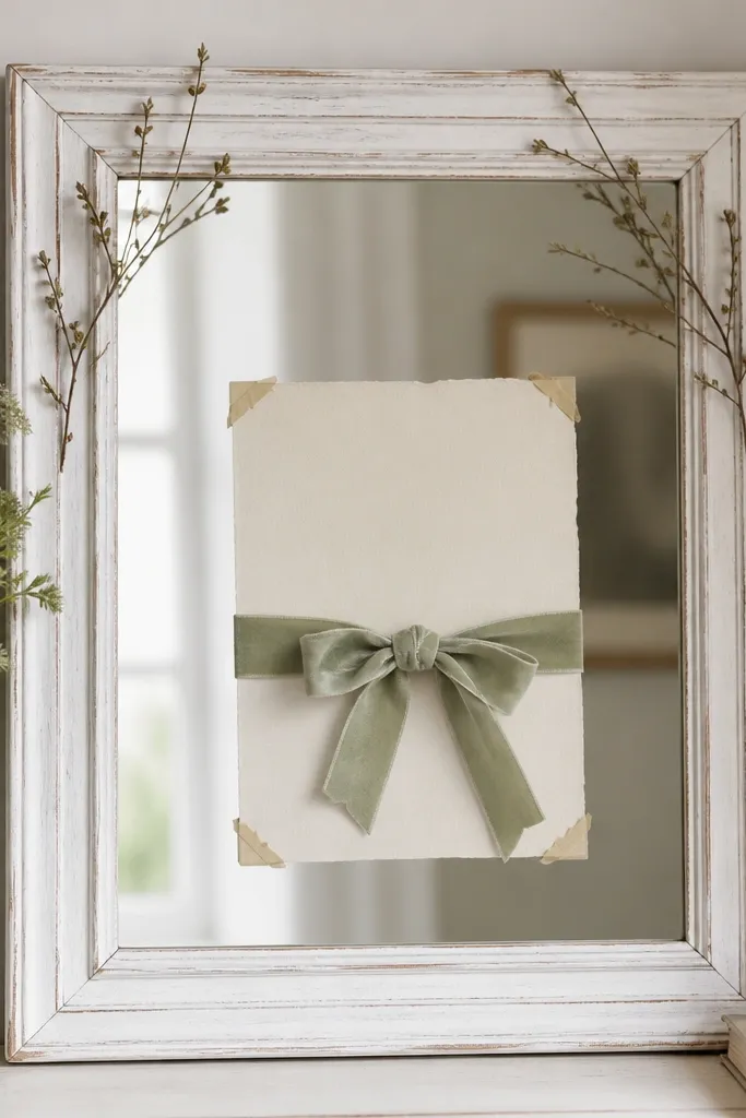 A whitewashed mirror frame. Around the mirror's center, a sage ribbon is tied in two loops. Small twig-like branches are attached at the upper corners. The text is handwritten in dark brown marker on a cream paper insert taped behind the glass.