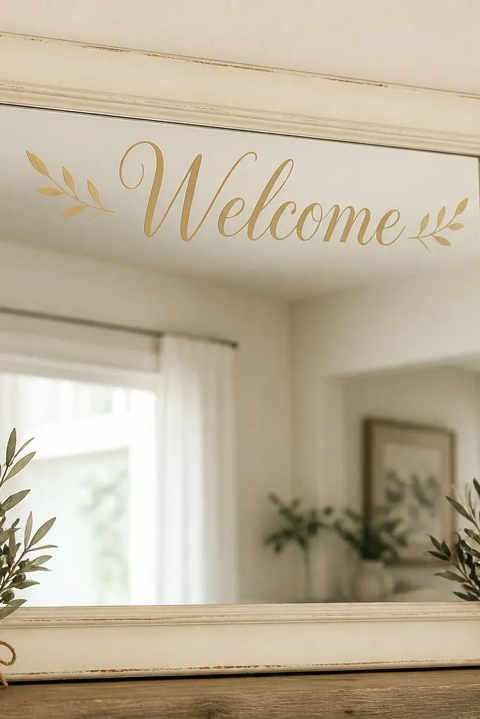 A cream-toned mirror frame with a slightly distressed finish. Gold leaf effect vinyl reads "Welcome," with small flourishes on both sides. Dried olive sprigs sit in the left and right lower corners, tied with thin twine.