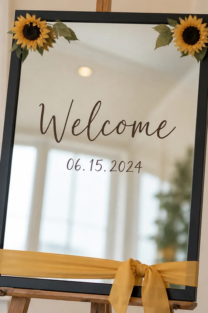 A rectangular mirror with a simple dark frame. A warm yellow ribbon wraps the bottom edge. The glass has handwritten black-brown lettering: "Welcome" and a date in a neat line. Two small sunflower heads are tucked into the top corners.