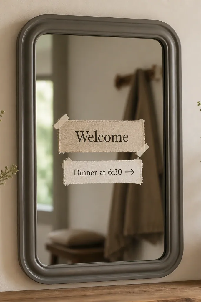 A warm gray framed mirror. The welcome text is printed in black-brown on a small cream linen strip taped behind the glass. A second line of text on a lighter linen strip reads "Dinner at 6:30" with an arrow. Tiny greenery sprigs sit only on the sides.