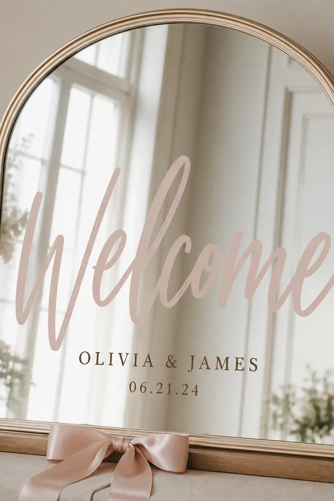 A champagne-toned mirror frame. The glass shows an oversized "Welcome" in blush stencil paint, with smaller names and date in dark brown below. A single blush ribbon is tied around a small wooden base behind the mirror.
