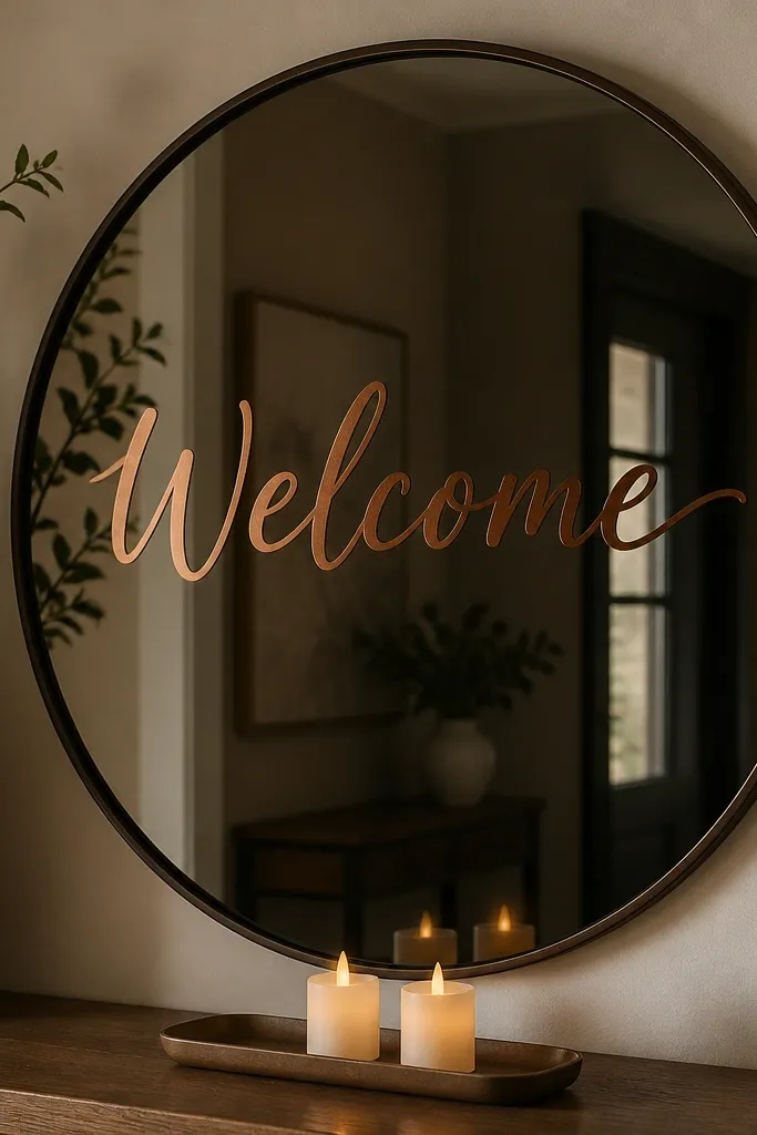 A mirror with a tinted, slightly smoked look. Copper foil vinyl spells "Welcome" across the center. Two small LED candles sit on a narrow tray at the base, their light reflected faintly in the glass.