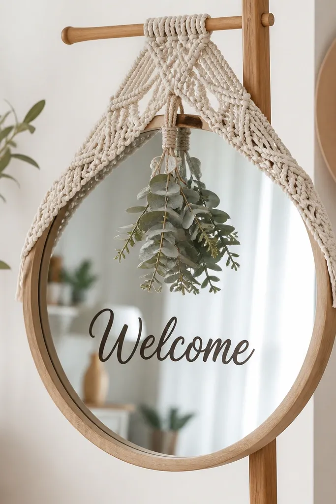 A warm white mirror framed in wood. A macramé hanger wraps around the top and the mirror hangs from a stand. From the hanger, an eucalyptus tassel dangles at the center, with "Welcome" in black-brown vinyl on the glass.