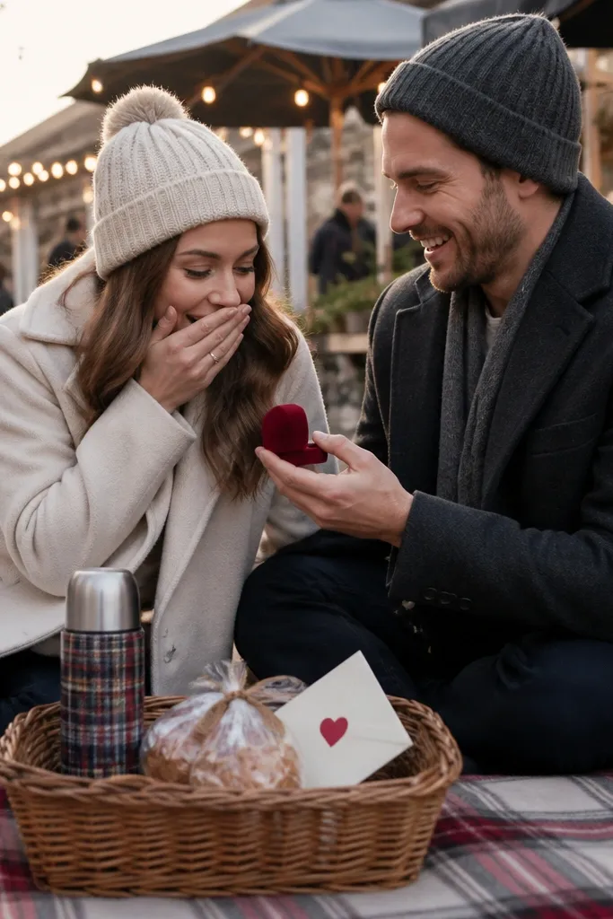 A blanket picnic on a market patio with string lights overhead. A basket holds a thermos, two wrapped pastries, and a small envelope labeled with a heart. The ring box sits inside the envelope, and the couple wears wool coats and knit hats.