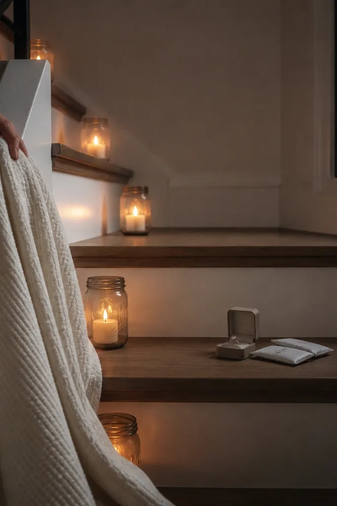 A private apartment stairwell lit by battery candles in glass jars along the steps. A thick cream blanket is draped over a hand, and the ring box sits on the stair landing beside two wrapped hand warmers.