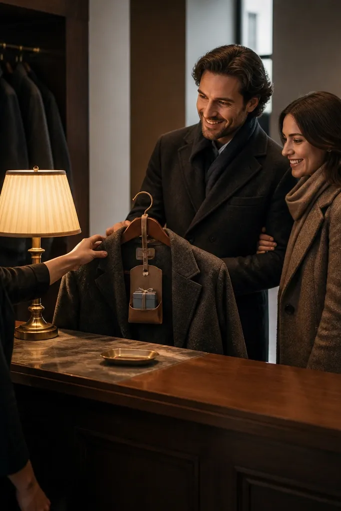 A museum coat check area with a warm lamp and a small bench. The couple wears wool coats and scarves. A ring box is tucked into a pocket-sized gift bag attached to a coat hanger tag.