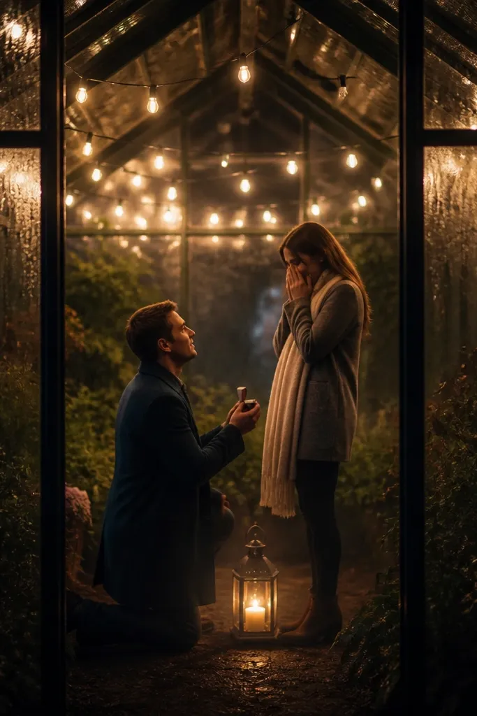 A greenhouse at night with condensation on glass. Warm string lights hang overhead. The couple stands under a small misty glow, wearing light layers with a deep teal coat and a cream scarf. A lantern holds a ring box at waist height.