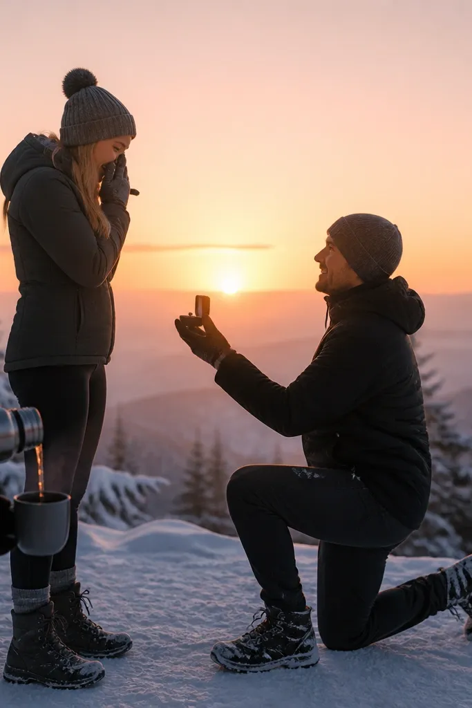 A snowy trailhead before sunrise with a pale orange sky. Two people stand in thick winter boots and beanies. A thermos pours steaming hot drink, and the ring box is in the open on a gloved hand with the sunrise behind.