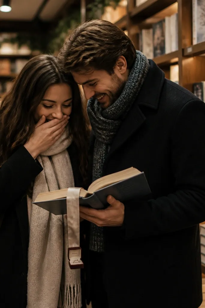 A cozy bookstore aisle with warm shelf lights. A person holds a book with a long scarf bookmark sticking out. The ring box is clipped to the scarf end, and the couple stands close among stacks of winter-themed books.