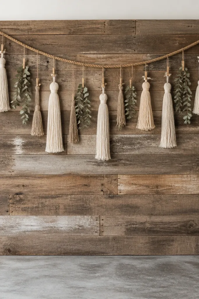 A large rectangular photo backdrop built from stacked barn wood planks. Along the top beam hangs a thick rope, and from it dangle multiple linen tassels in cream and oat. A few dried eucalyptus branches are pinned with clothespins.