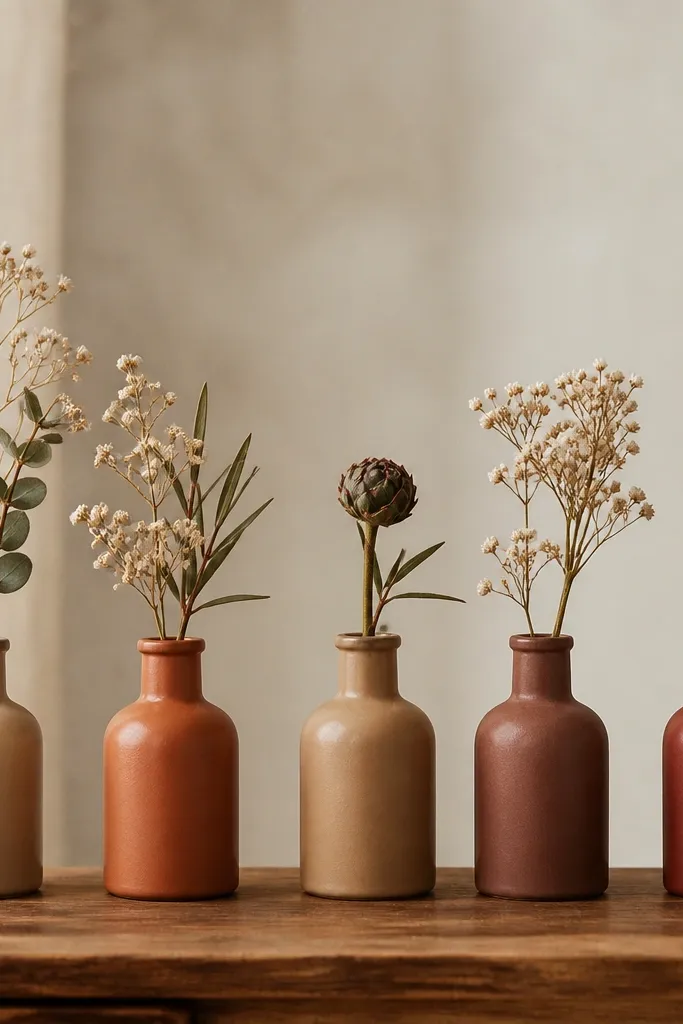 A set of five short glass bottles painted in warm clay and rust tones, each holding a single bud stem. The bottles have matte spray paint, and the stems are arranged with dried baby's breath and small greenery.
