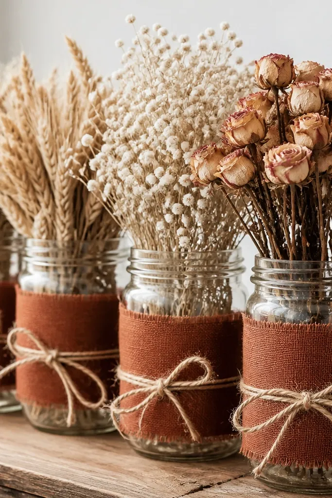 Mason jars grouped in a line, each jar wrapped with a rust-colored fabric band. The jars hold dried floral clusters: wheat, baby's breath, and small dried roses. The bands are tied with twine at the front.