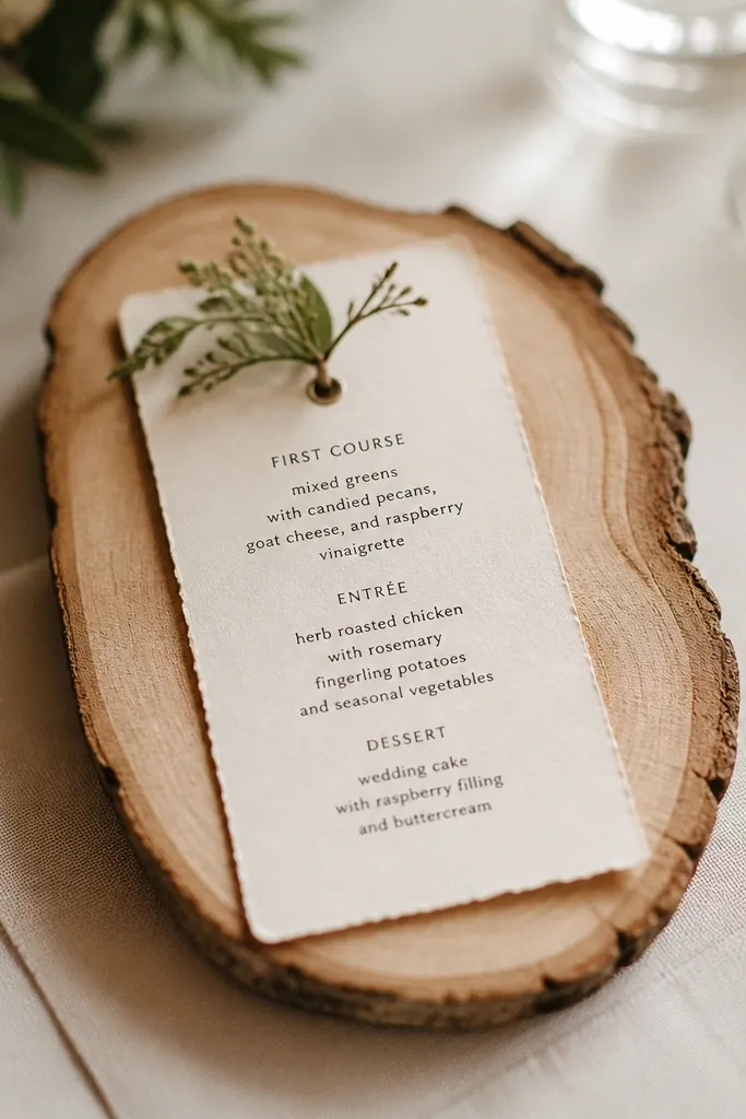 Thin wood slices used as menus, each with a small card attached. The wood has lightly burnt edges, and the card shows printed menu items in black ink. A tiny sprig of dried greenery sits at the top edge.