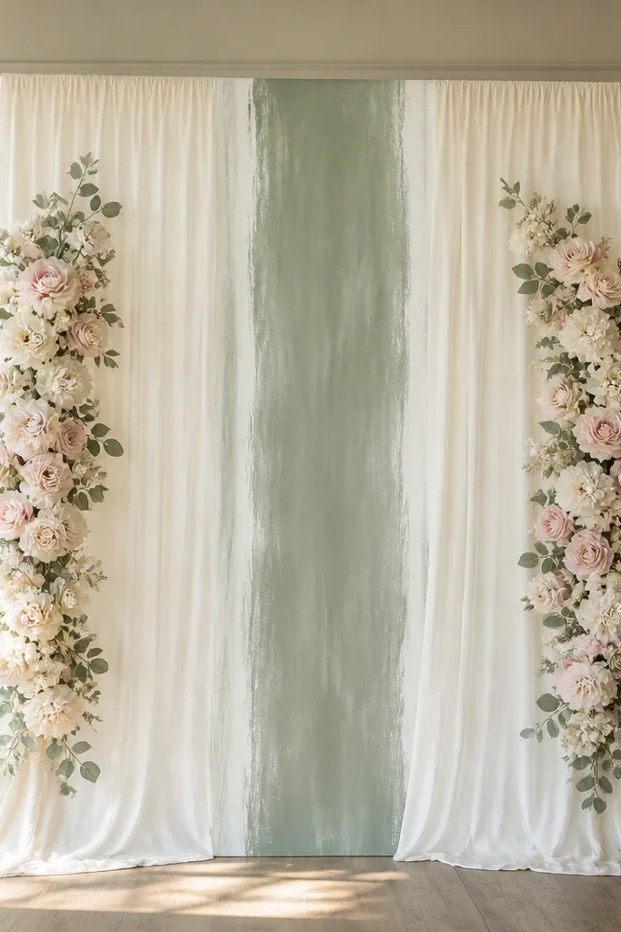 A wedding arch backdrop made of two vertical fabric panels. In the center is a hand-painted strip in soft sage with thin white highlights, and clusters of pre-made cream and blush fabric flowers sit evenly on both sides.