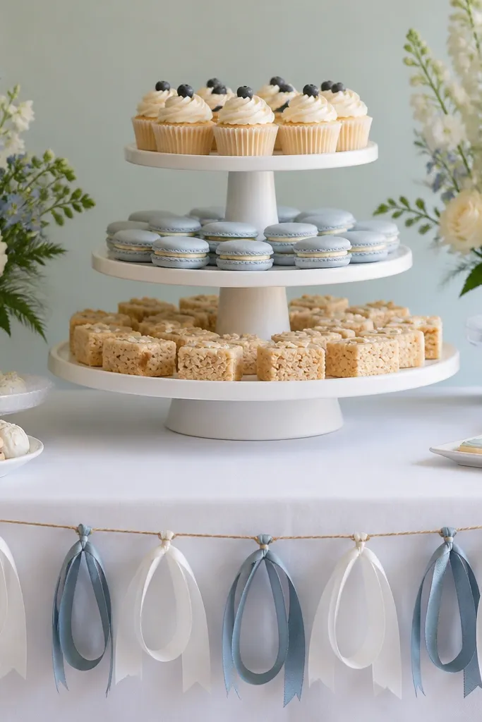 A dessert table with three tiers of store-bought cake stands. Along the front edge is a garland made from repeated ribbon loops in dusty blue and white, each loop separated evenly and tied to a thin twine line.