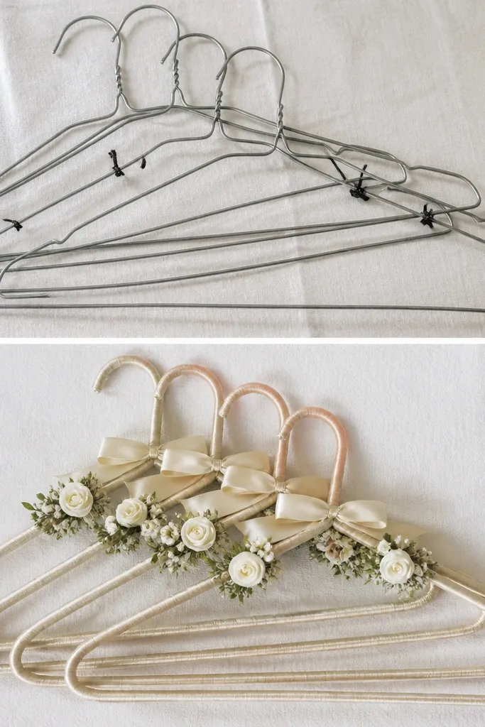 A set of simple metal hangers before and after. The before hangers show bare metal and random zip ties. The after hangers are covered in satin ribbon with neat loops and a clean knot at the top, plus small floral clusters attached symmetrically.