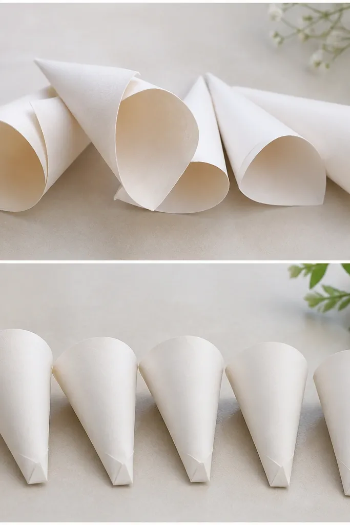 Paper confetti cones before and after. The before cones show open bottoms and uneven folds. The after cones have neatly sealed bottoms with a clean fold line and a consistent cone shape.