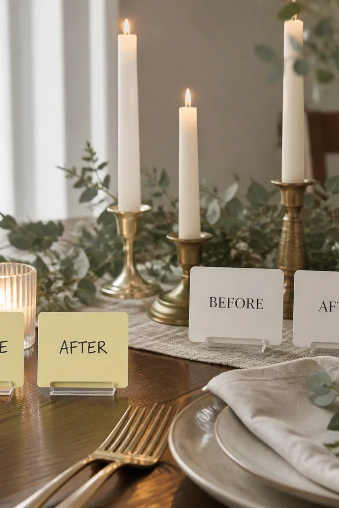 A candelit table setting with candles and labels. The before labels are sticky notes. The after labels are painted on acrylic clip cards with clean edges and a consistent font.