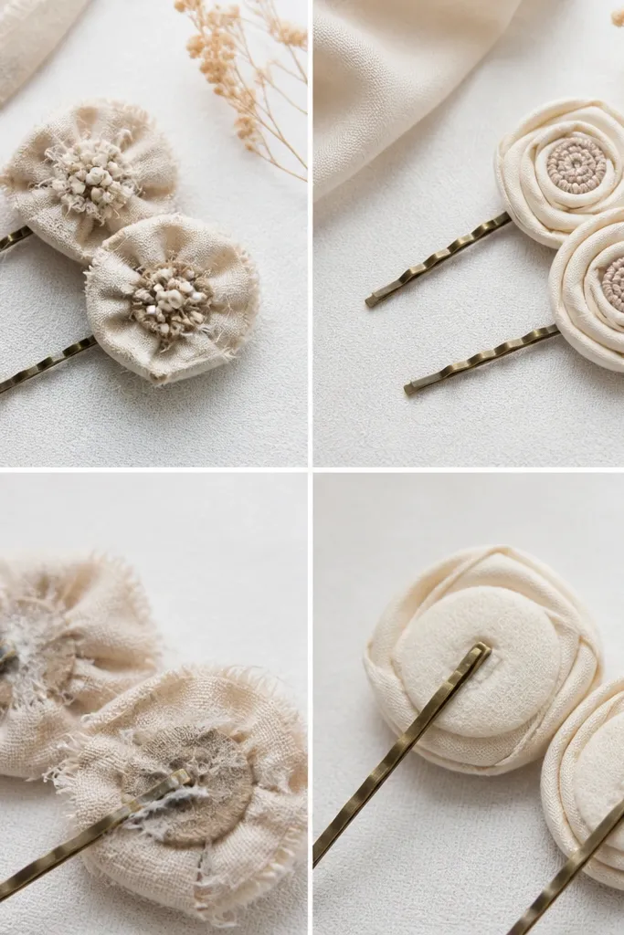 Hair accessories before and after. The before pins show hot glue strings and uneven flower centers. The after pins show fabric rolled flowers with thread-wrapped centers and a clean pin backing.