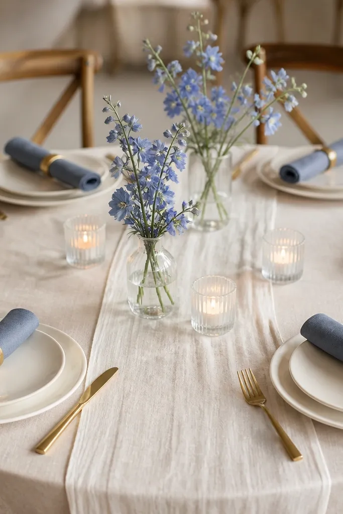 A round table set with warm ivory dinner plates and smaller salad plates. Dusty blue napkins are rolled tightly and tied with a brushed gold napkin ring. Clear glass votives sit between place settings on a soft ivory runner, with one small bud vase of dusty blue delphinium per two settings.