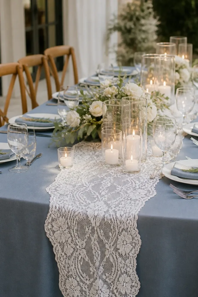 Dusty blue tablecloth covers the table, with a white lace overlay draped down the center. Tea lights sit in clusters inside clear glass hurricanes. Each place setting has a white plate and dusty blue napkin, with a small sprig of greenery tied to the napkin.