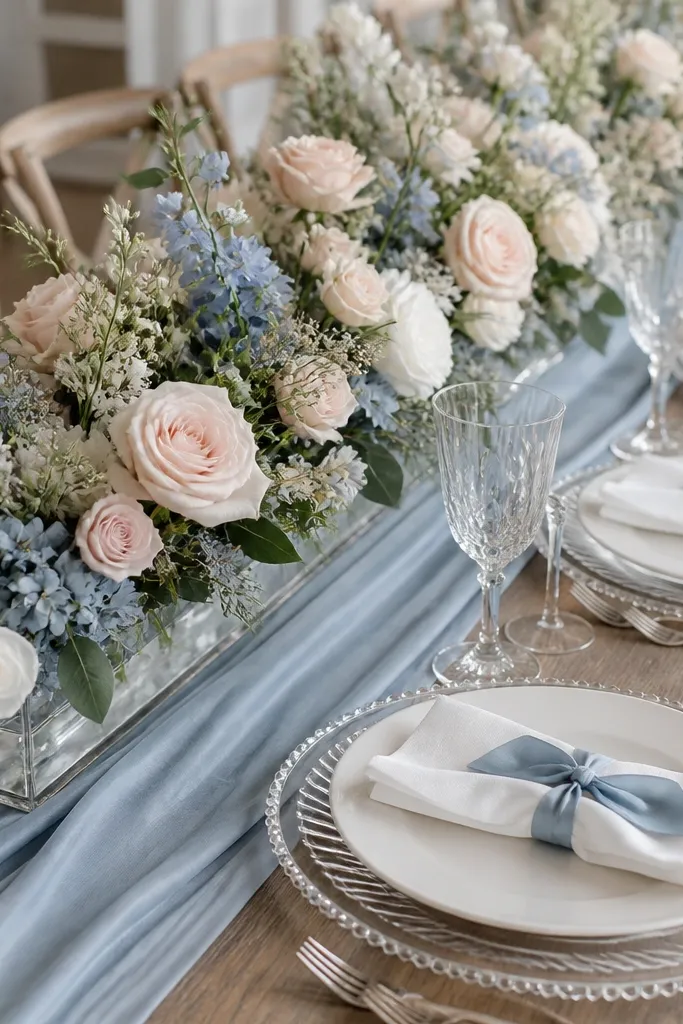 A dusty blue runner runs down the center with blush roses and small dusty blue blooms. Clear acrylic chargers sit under white plates. Napkins are white with a dusty blue ribbon tied around them. The centerpiece is a long low arrangement in a clear acrylic tray.