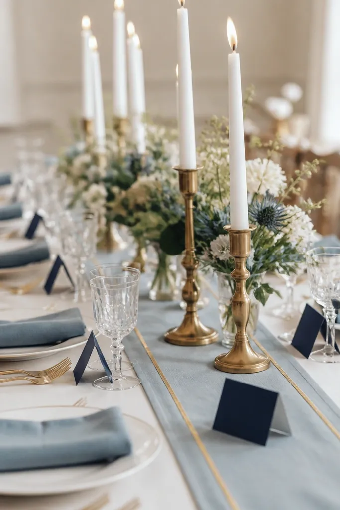 A table with dusty blue napkins and navy accents. Gold candlesticks line the center with white taper candles. Place cards are navy with white text. Plates are white, and the runner is dusty blue with a thin gold stripe.
