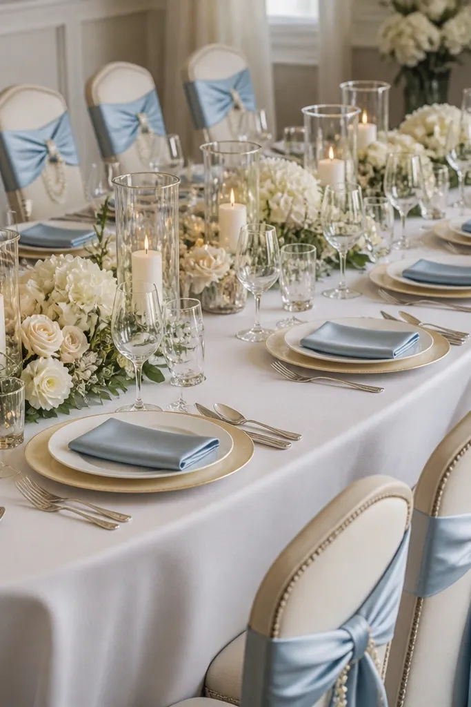 A full dining table with cream chargers and white plates. Dusty blue satin napkins are folded into a classic rectangle with visible shine. Pearl-studded chair ties hang behind each chair. Centerpiece is a low candle arrangement with clear glass and cream flowers.