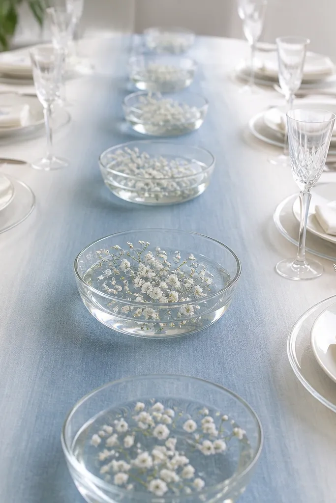 A table runner shows dusty blue ombre fading from deep blue at the center to pale at the edges. Clear plates or transparent chargers sit under white plates. Baby's breath petals float in shallow clear bowls placed down the runner. Napkins are white with small dusty blue embroidery.