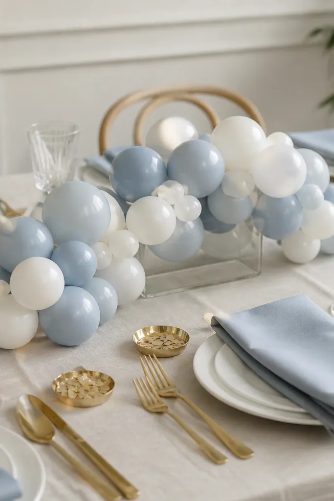 A low center that uses a mini balloon garland in dusty blue and white wrapped around a clear base. Small gold confetti trays sit near plates. Place settings have white plates, dusty blue napkins in a simple fold, and gold utensils.