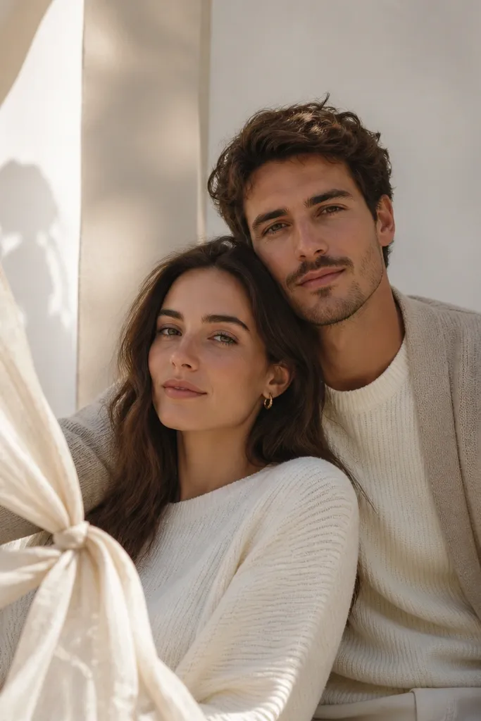 Couple posing on a porch. Both wear cream knit tops; one partner has an oatmeal cardigan. A sheer linen strip is tied like a small veil in the foreground, catching light. Background is a pale wall and soft shadows.