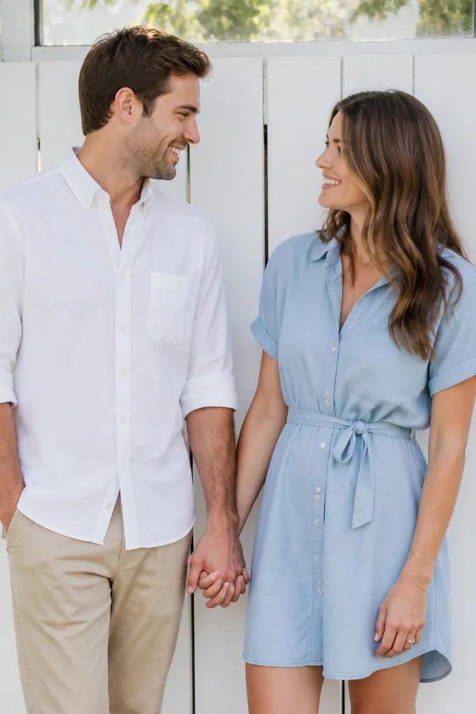 Bright outdoor shot. One partner wears a white poplin button-down with sleeves rolled; the other wears a light blue chambray shirt dress. They stand in front of a white fence, holding hands.