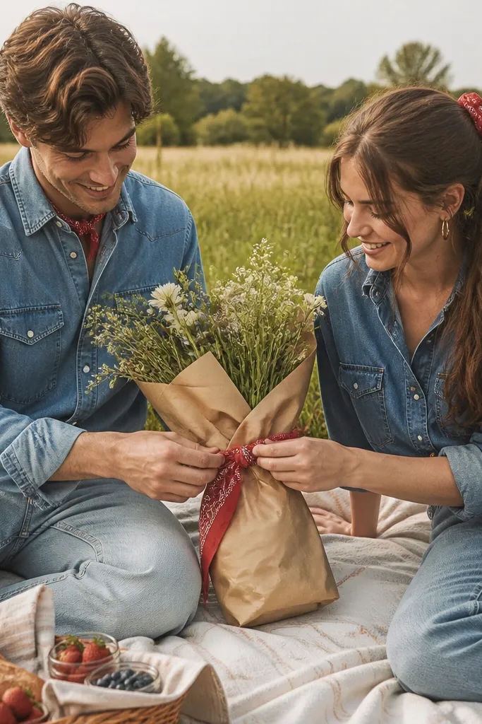 Outdoor picnic-style shot. Both wear denim shirts and light-wash jeans. They tie a matching bandana around a bouquet wrap, and the bandana color matches a small detail in both outfits.