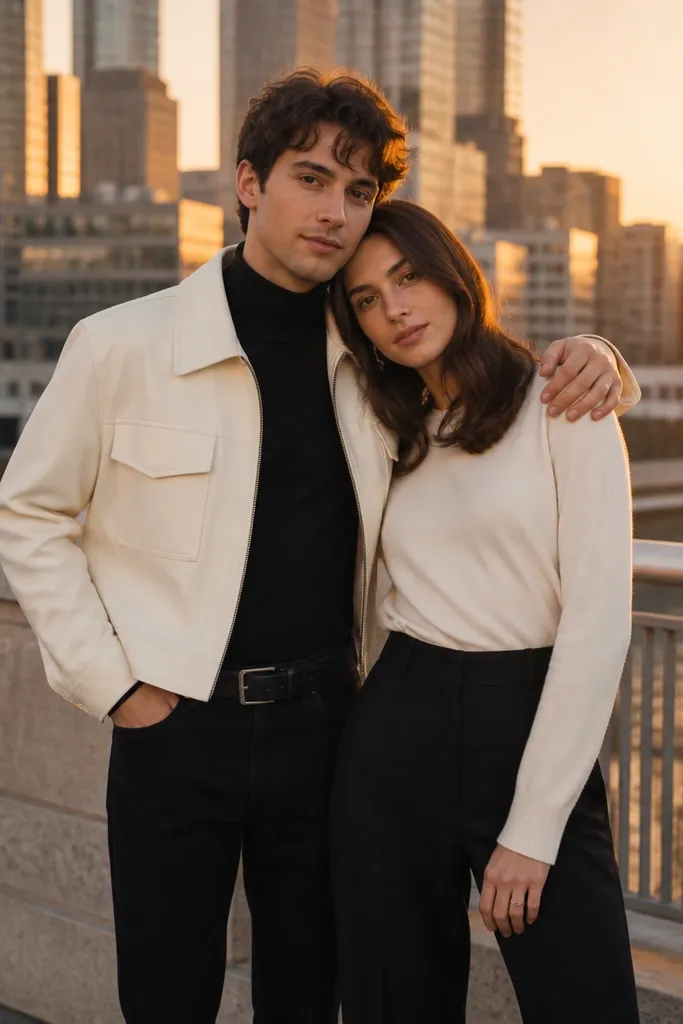 City background at golden hour. One partner wears a black turtleneck and black jeans with a cream cropped jacket; the other wears a cream top with black trousers. They stand with one arm around each other.
