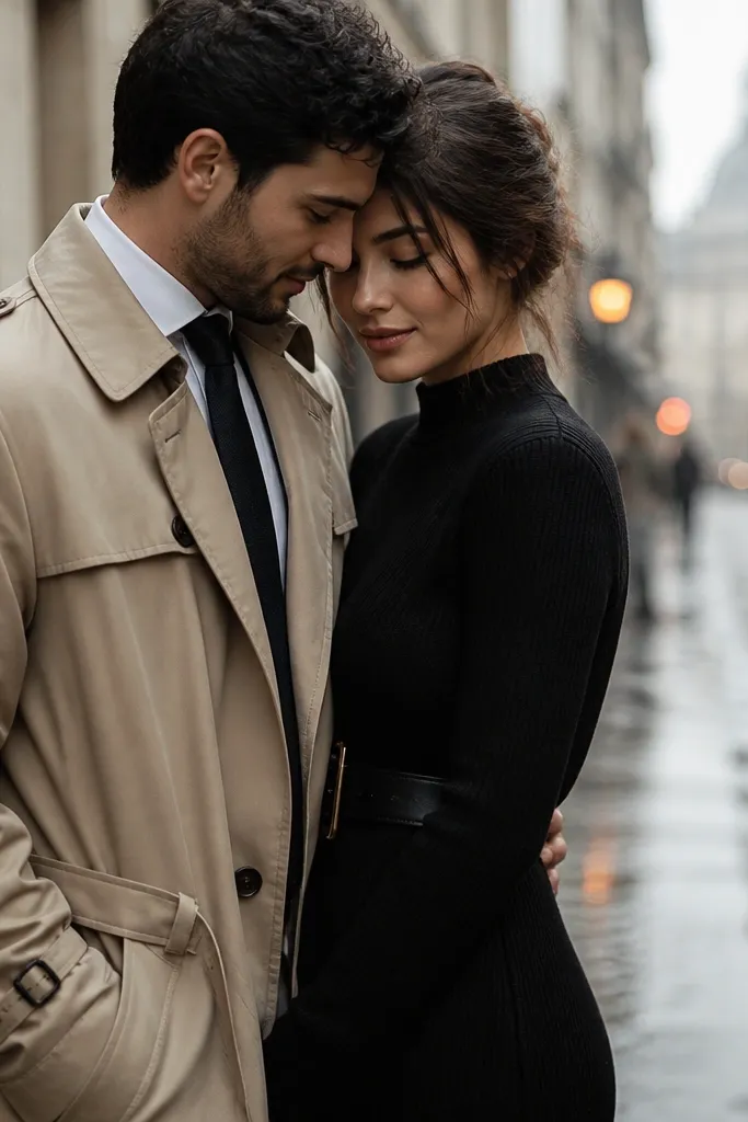 Street photo in light rain or mist look. One partner wears a beige trench coat; the other wears a black knit dress with a belt. They hold close with umbrellas cropped out of frame.