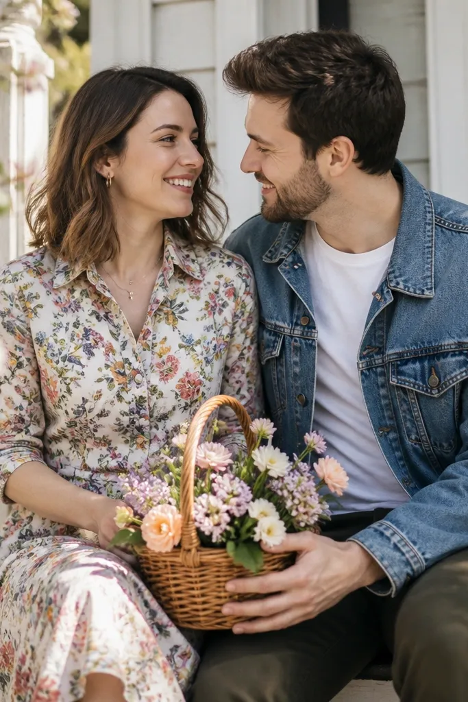 Springtime photo on a porch step. One partner wears a floral button dress with a defined waist; the other wears a solid denim jacket over a plain top. They hold a small basket of flowers.