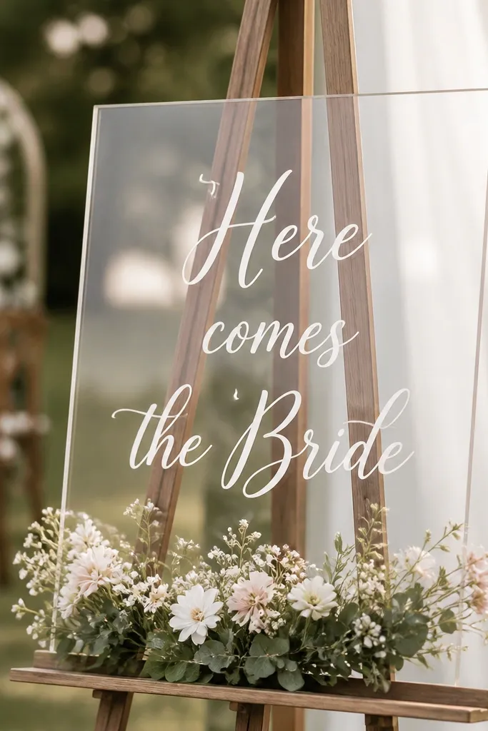 A clear acrylic frame on an easel with vinyl text reading "Here comes the Bride," surrounded by small faux flowers at the bottom.