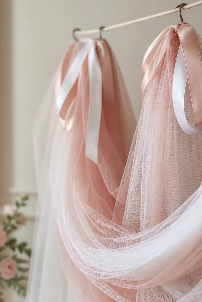 Soft tulle swags hanging from a tension rod or hook, layered with blush and white satin ribbon loops near the top.