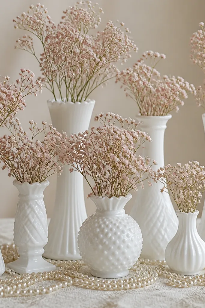 A cluster of milk glass vases on a table, filled with blush faux baby's breath and scattered pearl strands around the bases.